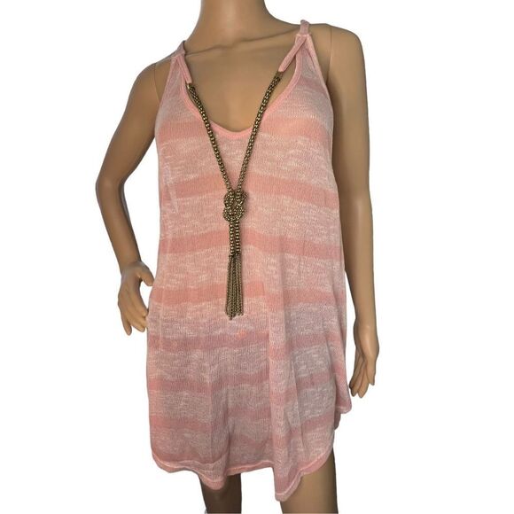 Vintage Caren Sport Knit Loose Fit Pink Striped Tank With Attached Necklace - Picture 1 of 4